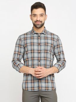 BASICS - Checked Light Grey Pure Cotton Slim Fit Casual Shirt