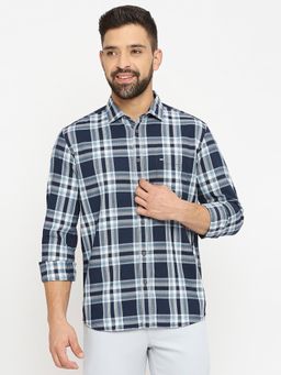 BASICS - Checked Navy Blue Pure Cotton Slim Fit Casual Shirt