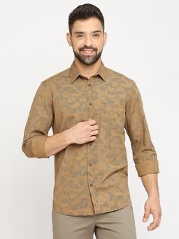 BASICS - Printed Khaki Pure Cotton Slim Fit Casual Shirt
