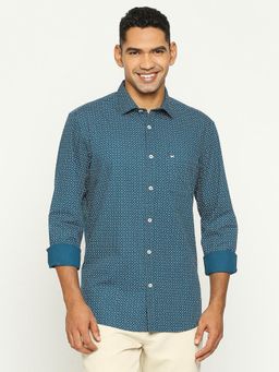 BASICS - Printed Mid Blue Pure Cotton Slim Fit Casual Shirt