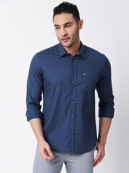 BASICS - Printed Navy Blue Pure Cotton Slim Fit Casual Shirt