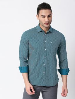 BASICS - Printed Blue Pure Cotton Slim Fit Casual Shirt
