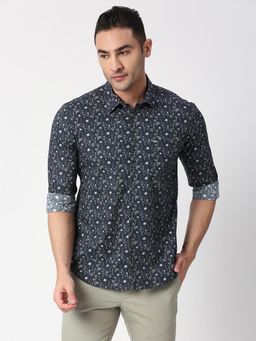 BASICS - Floral Navy Blue Pure Cotton Slim Fit Casual Shirt