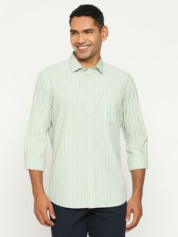 BASICS - Stripes Light Green Pure Cotton Slim Fit Casual Shirt