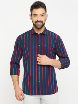 BASICS - Stripes Navy Blue Cotton Polyester Slim Fit Casual Shirt