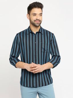 BASICS - Stripes Teal Cotton Polyester Slim Fit Casual Shirt