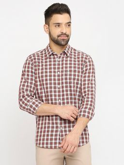 BASICS - Checked Red Pure Cotton Slim Fit Casual Shirt