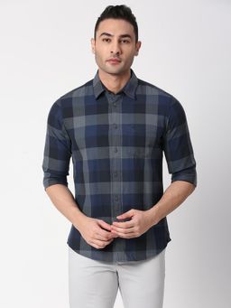 BASICS - Checked Navy Blue Pure Cotton Slim Fit Casual Shirt