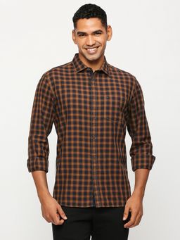 BASICS - Checked Khaki Pure Cotton Slim Fit Casual Shirt