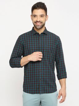 BASICS - Checked Turquoise Pure Cotton Slim Fit Casual Shirt