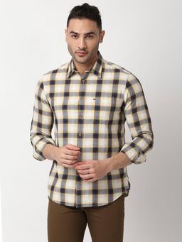 BASICS - Checked Yellow Pure Cotton Slim Fit Casual Shirt