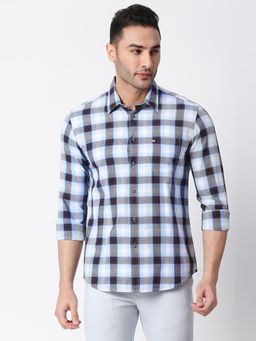 BASICS - Checked Blue Pure Cotton Slim Fit Casual Shirt