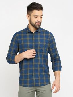 BASICS - Checked Navy Blue Pure Cotton Slim Fit Casual Shirt