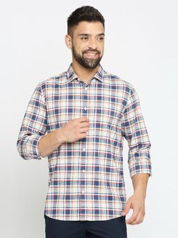 BASICS - Checked Navy Blue Pure Cotton Slim Fit Casual Shirt