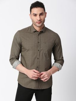 BASICS - Printed Olive Pure Cotton Slim Fit Casual Shirt