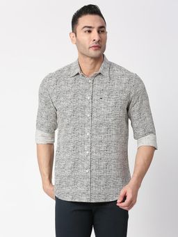 BASICS - Printed Light Grey Cotton Linen Slim Fit Casual Shirt