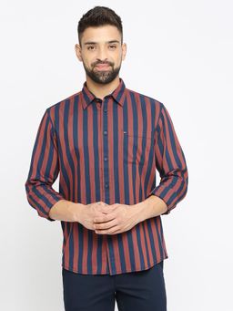 BASICS - Stripes Navy Blue Cotton Polyester Slim Fit Casual Shirt