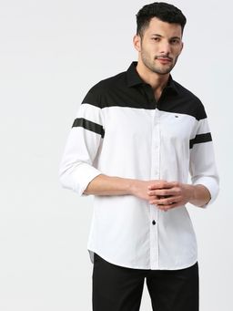BASICS - Colorblock White Cotton Stretch Slim Fit Casual Shirt