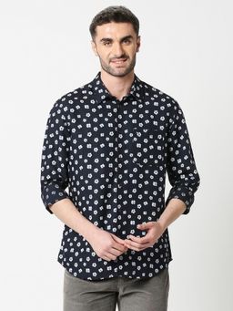 BASICS - Floral Navy Blue Viscose Blend Slim Fit Casual Shirt
