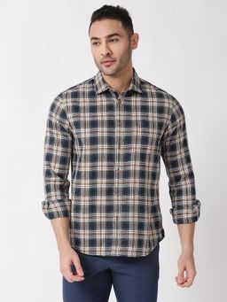 BASICS - Checked Navy Blue Pure Cotton Slim Fit Casual Shirt