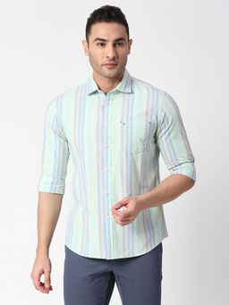 BASICS - Stripes Green Pure Cotton Slim Fit Casual Shirt