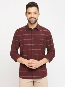 BASICS - Stripes Wine Pure Cotton Slim Fit Casual Shirt