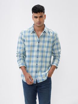 BASICS - Checked Light Green Pure Cotton Slim Fit Casual Shirt