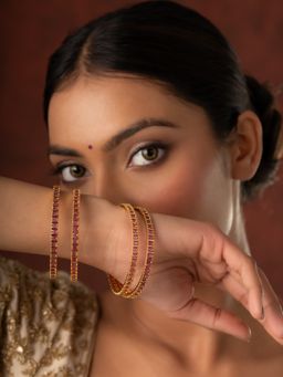 Voylla - Gold Elegance Navarathna Temple Charm Ad Bangles For Women (Pack of 4)