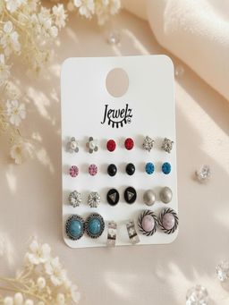 JEWELZ - Multi-Color Crystal Stud Earrings For Women (Pack of 12)