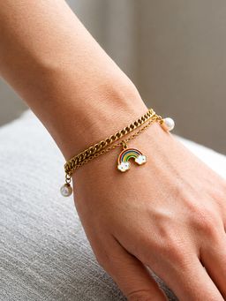 ARTKLIM - Rainbow Pearl Layered Gold Charm Anti-Tarnish Bracelet