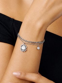 ARTKLIM - Silver Floral Charm Layered Chain Anti-Tarnish Bracelet