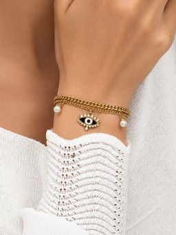 ARTKLIM - Evil Eye Pearl Layered Charm Anti-Tarnish Bracelet