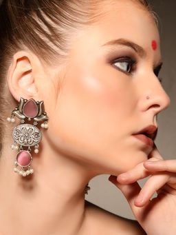 VENI - 925 Sterling Silver Artificial Stones Studded and Beaded Oxidised Drop Earrings