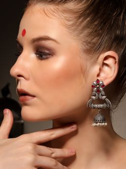 VENI - 925 Silver-Plated Artificial Stones Studded and Beaded Oxidised Jhumkas