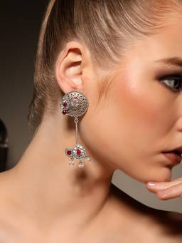 VENI - 925 Sterling Silver-Plated Artificial Stone Studded Oxidised Drop Earrings
