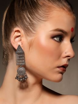 VENI - 925 Silver-Plated Contemporary Shaped Oxidised Drop Earrings