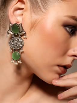 VENI - 925 Silver-Plated Artificial Stones Studded Floral Shaped Oxidised Drop Earrings