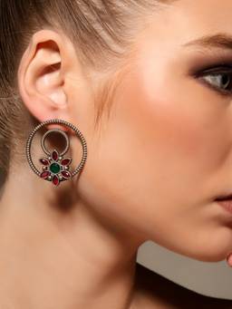 VENI - 925 Silver Plated Oxidised Artificial Stones Contemporary Studs
