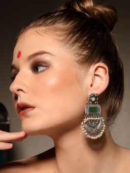 VENI - 925 Silver-Plated Artificial Beaded Contemporary Shaped Oxidised Drop Earrings