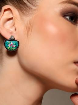 VENI - 925 Silver-Plated Oxidised Artificial Stones Studded Contemporary Shaped Studs