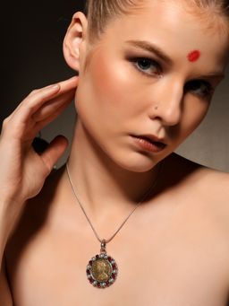 VENI - 925 Silver-Plated Stone Studded and Beaded Tribal Oxidised Thread Necklace