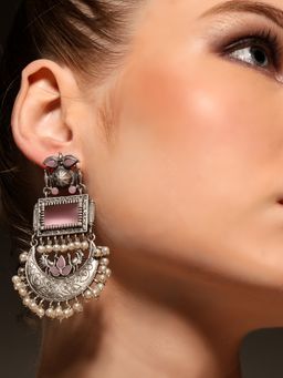 VENI - 925 Silver-Plated Artificial Beaded Contemporary Oxidised Chandbalis