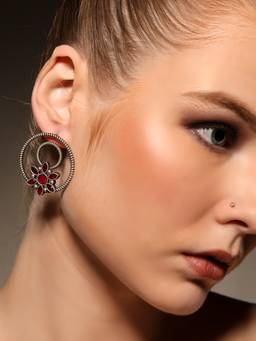VENI - 925 Silver-Plated Artificial Stones Studded Circular Shaped Oxidised Drop Earrings