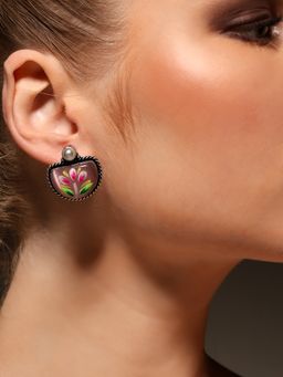 VENI - 925 Silver-Plated Artificial Stones Studded Circular Shaped Oxidised Drop Earrings
