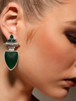 VENI - 925 Silver-Plated Artificial Stones Studded Circular Shaped Oxidised Drop Earrings