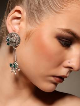 VENI - 925 Silver-Plated Artificial Stones Studded Circular Shaped Oxidised Drop Earrings