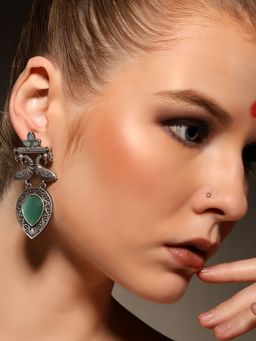 VENI - 925 Sterling Silver-Plated Artificial Stones Studded Oxidised Drop Earrings