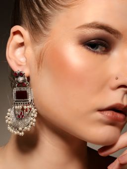VENI - 925 Silver-Plated Artificial Beaded Contemporary Oxidised Drop Earrings