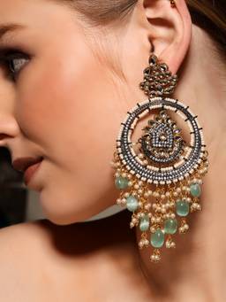 VENI - 925 Silver-Plated Artificial Beaded Contemporary Oxidised Drop Earrings