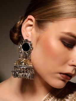 VENI - 925 Gold-Plated Artificial Beaded Contemporary Oxidised Jhumka